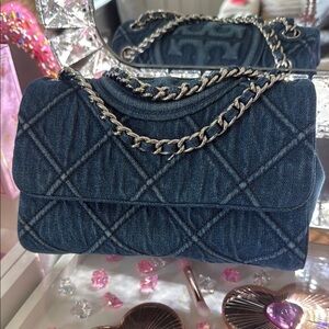 Tory Burch Blue Quilted Shoulder Bag with Chain Strap